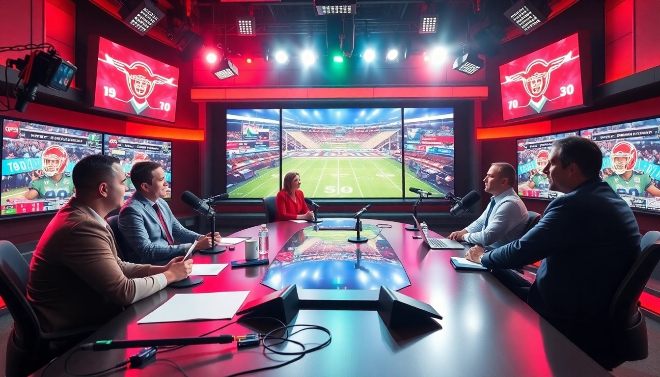 Dynamic sports broadcasting studio with engaging hosts and vibrant screens.