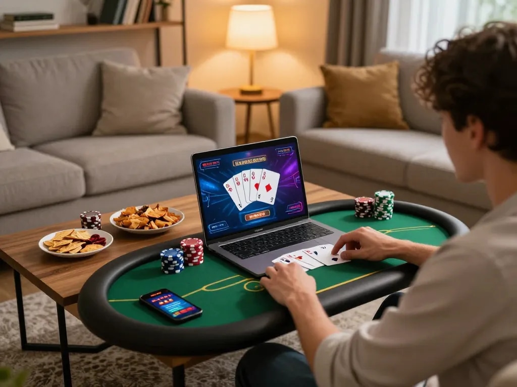 Play poker online at https://bong88viva.za.com/ with a cozy home gaming setup, featuring colorful laptop graphics and snacks.