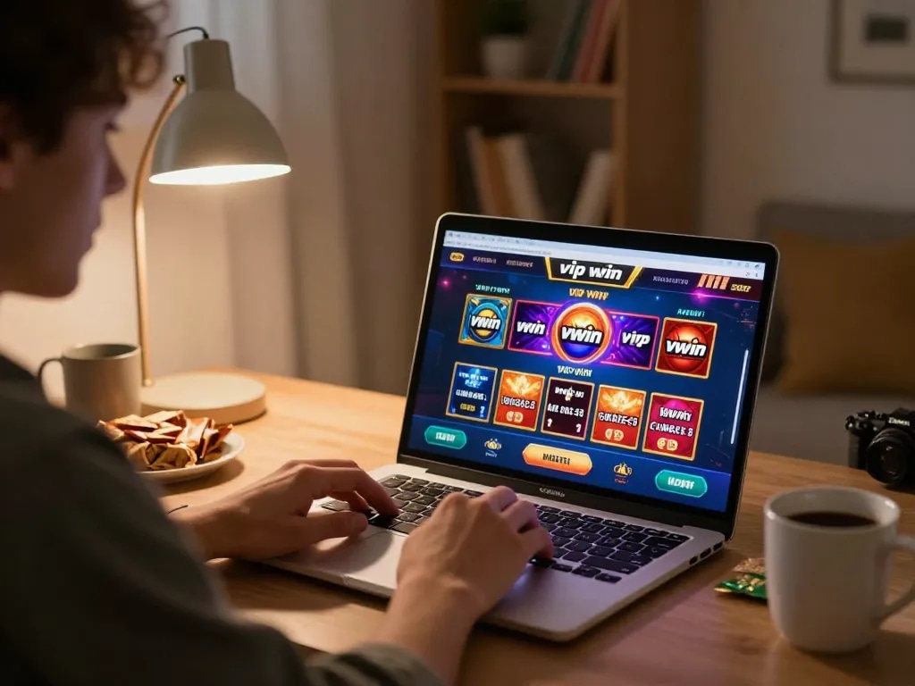Player enjoying vipwin casino games on a laptop, emphasizing responsible gambling and strategic gameplay