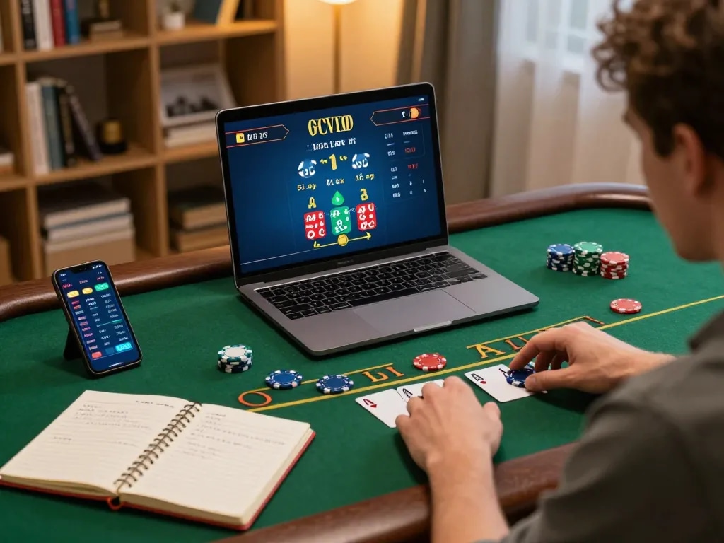 Engaged player utilizing RED88 for live blackjack while managing bets at home