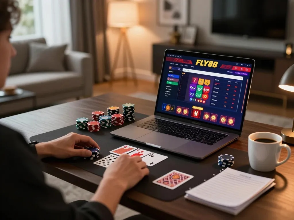 Engaging online gameplay on FLY88 with poker chips and a cozy ambiance.