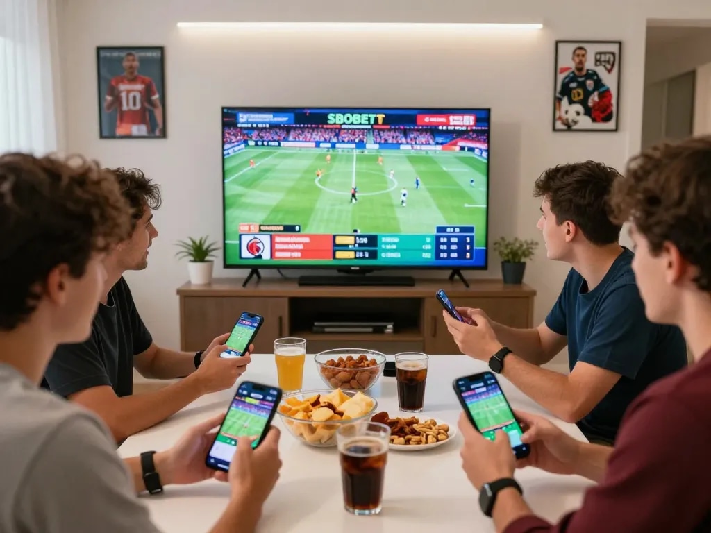 SBOBET sports betting scene with friends enjoying live games and smartphone betting.