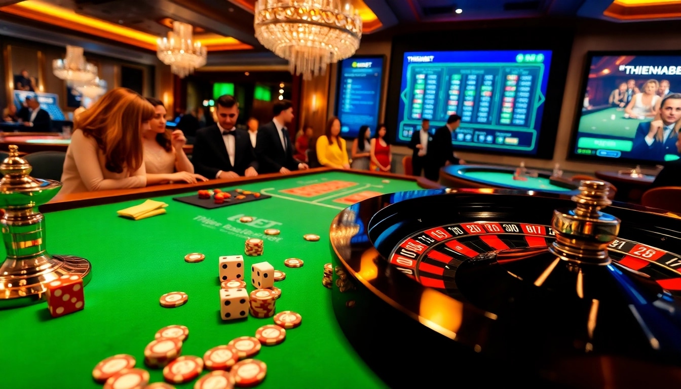 Exciting play at THIENHABET casino with roulette, poker chips, and engaged players.