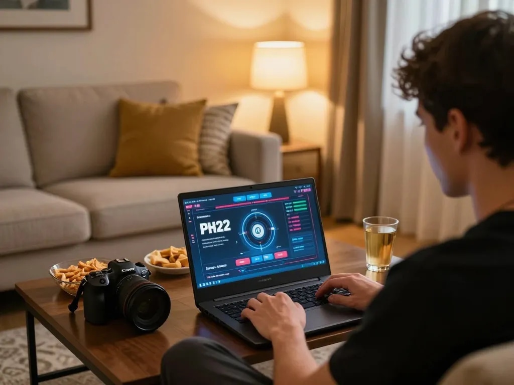 Player enjoying online gambling at PH22 on laptop in a cozy home setting.