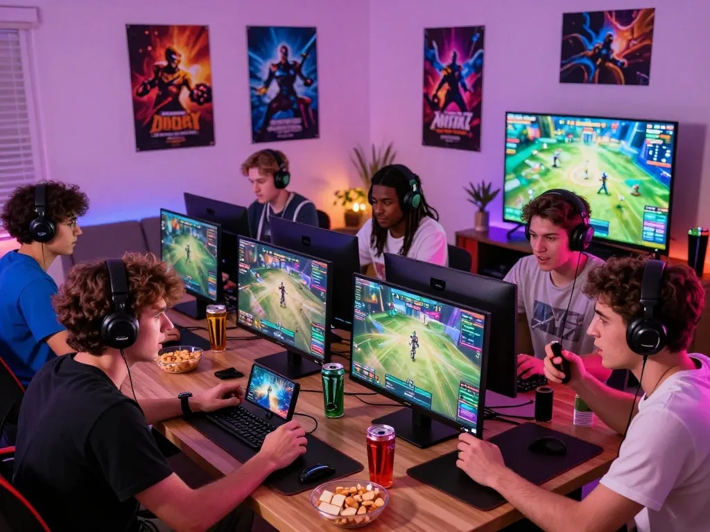 Exciting online gaming scene with friends enjoying go99 on multiple devices, showcasing vibrant atmosphere and gaming culture.