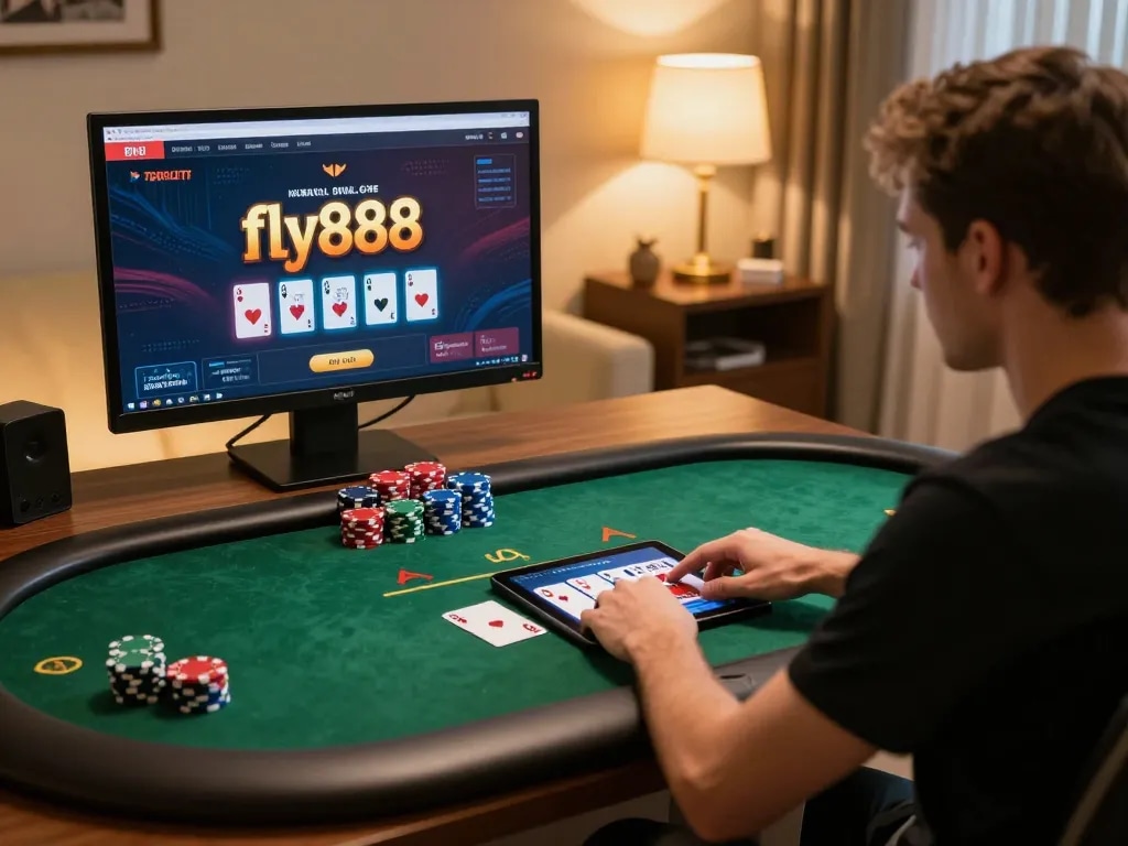 Player enjoying an engaging online casino experience with fly888 on a tablet in a stylish home office.