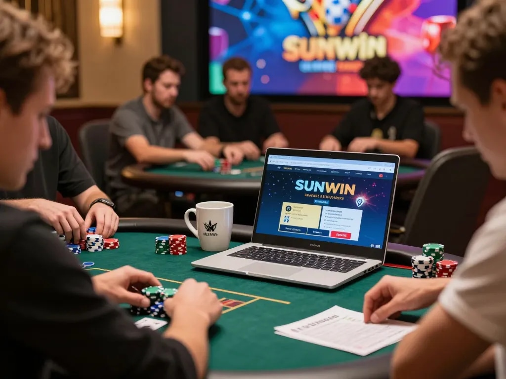 Sunwin players deeply engaged in a thrilling online poker game, showcasing strategy and excitement.