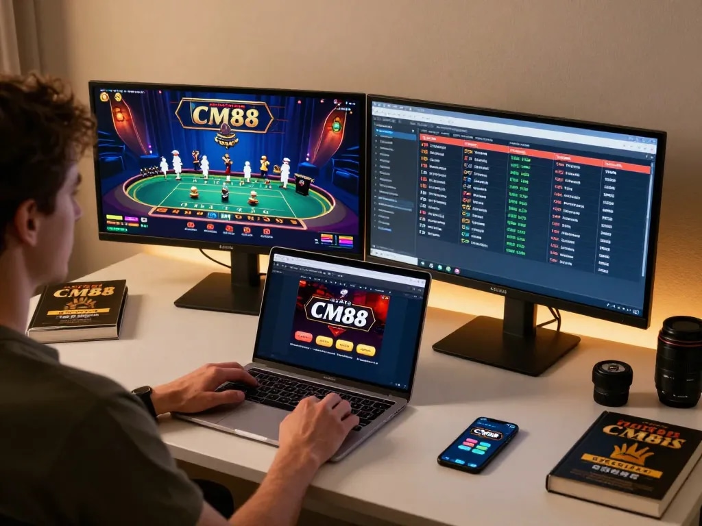 Player engaging with CM88 casino app on dual monitors, showcasing online gambling strategy