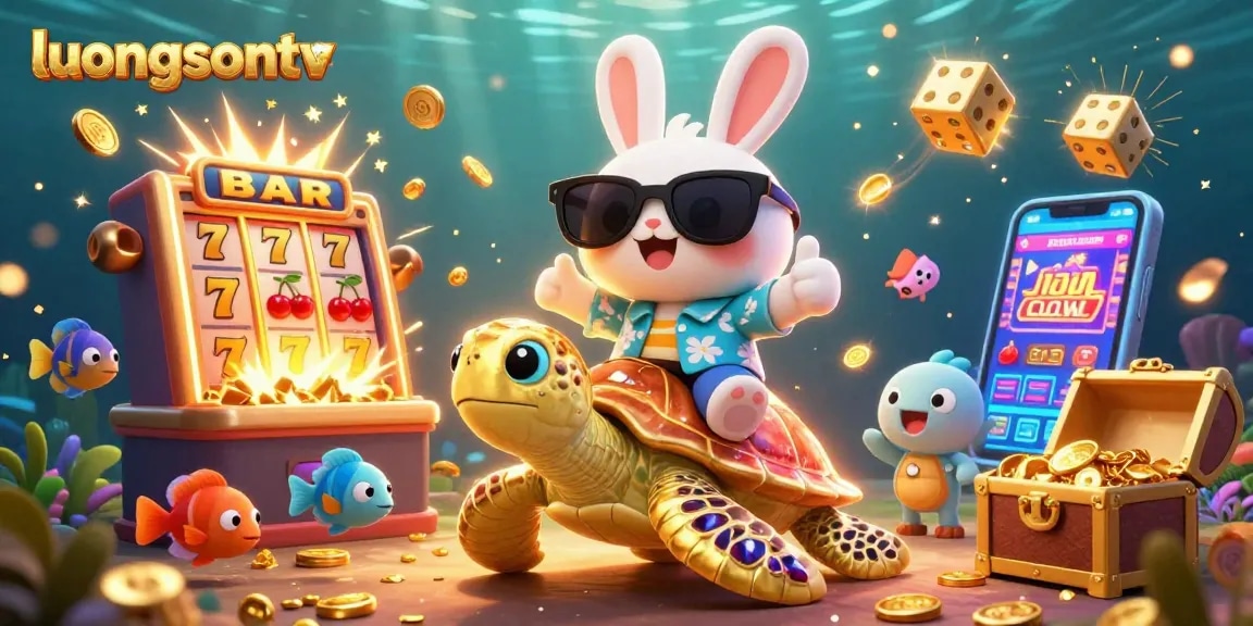 luongsontv showcases an engaging scene with a lucky rabbit and a golden sea turtle amidst casino elements, celebrating winning