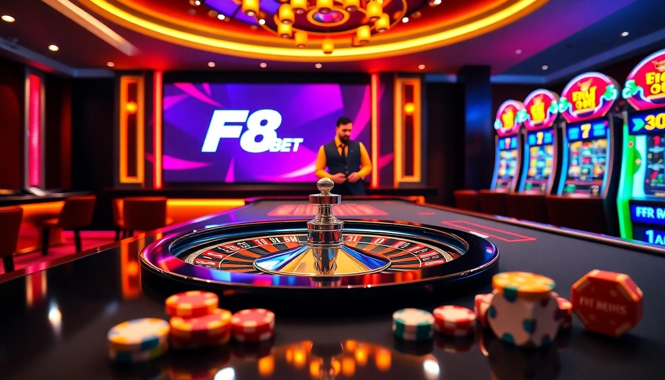 Exciting F8 BET online casino scene showcasing vibrant poker chips and roulette wheel.