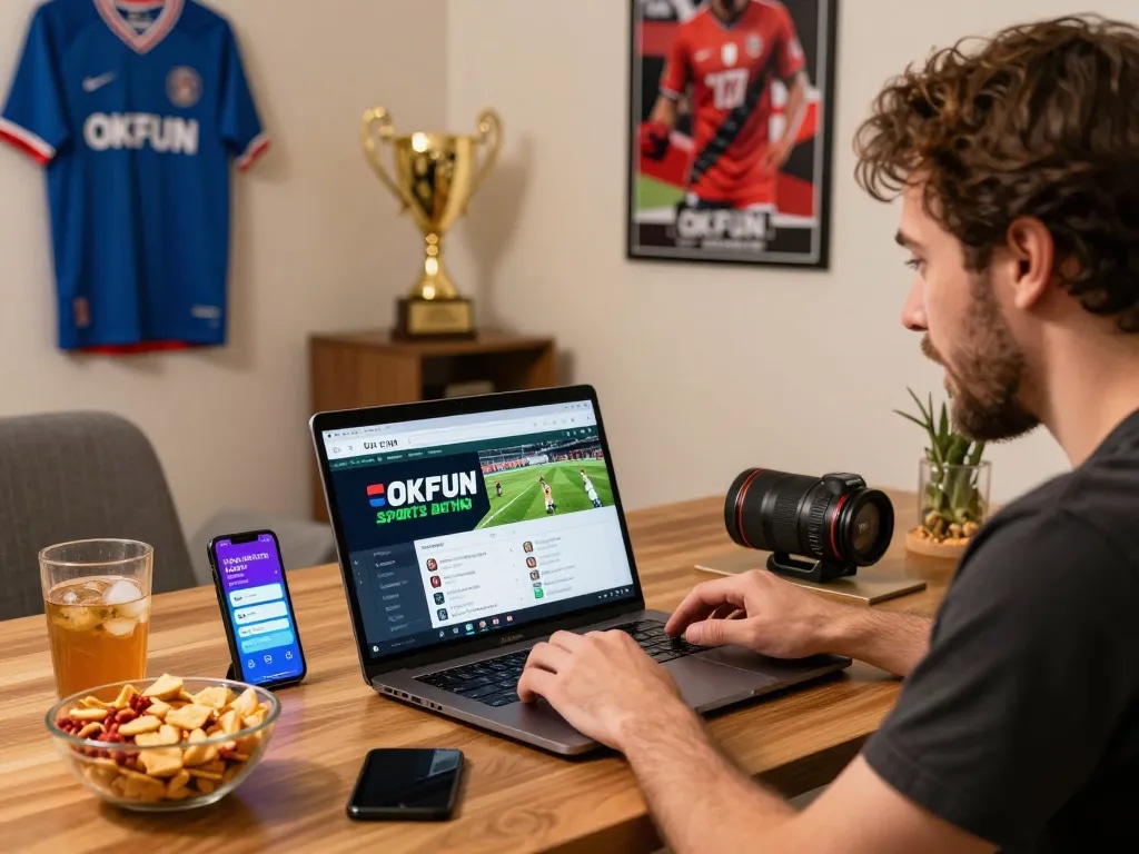 Engaging online betting experience with OKFUN on a stylish home office setup.