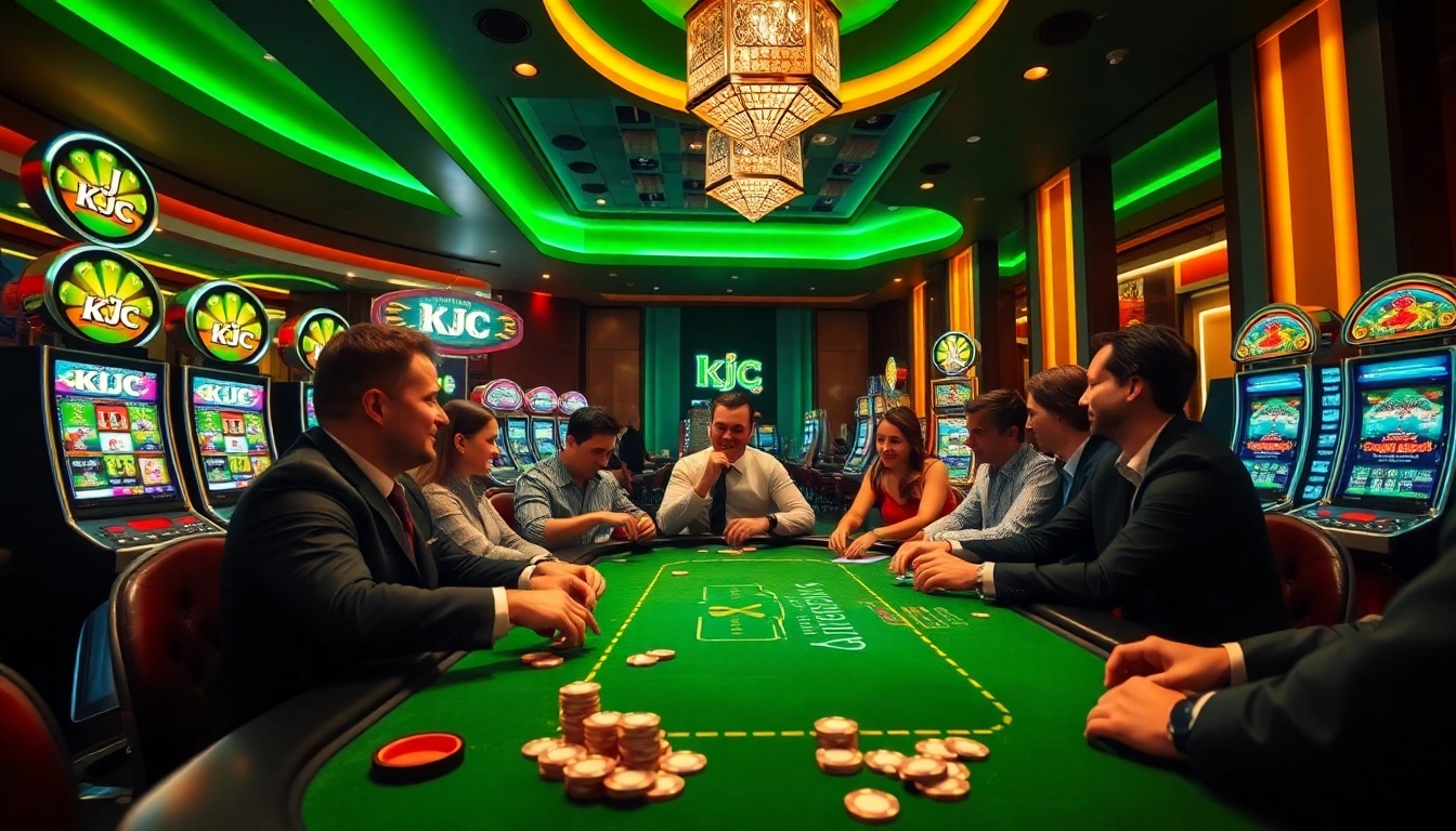 KJC casino players celebrating a win at a luxurious poker table with vibrant slot machines in the background.