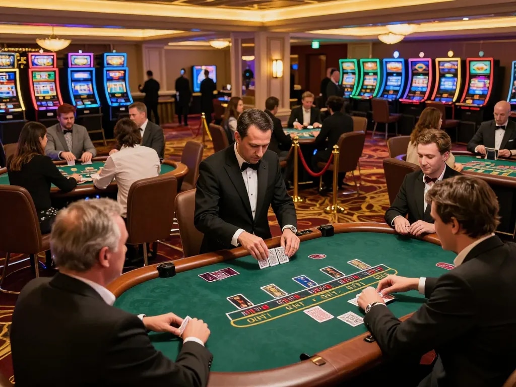 Players are strategizing and betting at tr88 blackjack tables in a luxurious casino atmosphere.