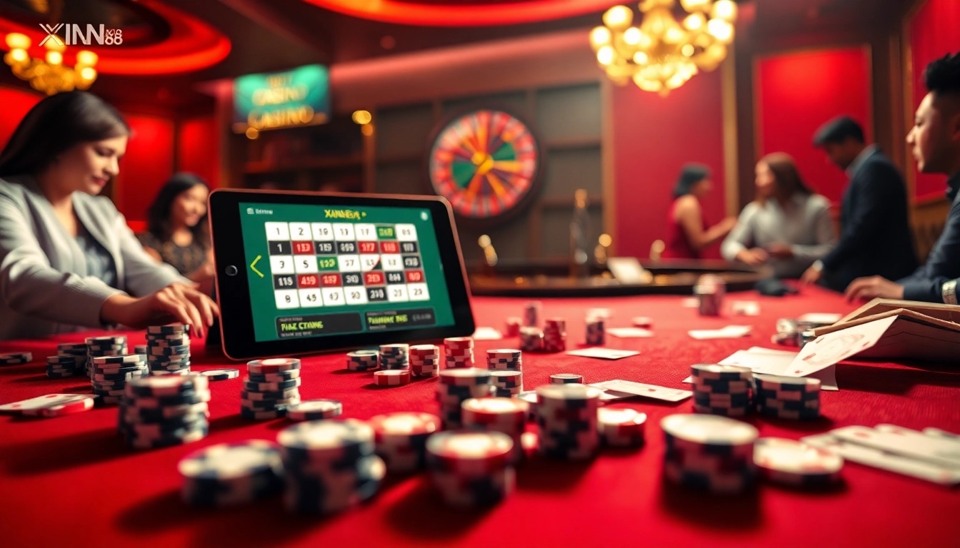 Experience the thrill of gambling at Trang Chủ XIN88 with vibrant casino elements and players enjoying the action.