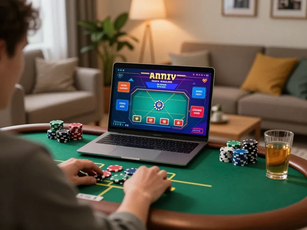 Player enjoying a live poker game at home on fc88 platform with ambient lighting