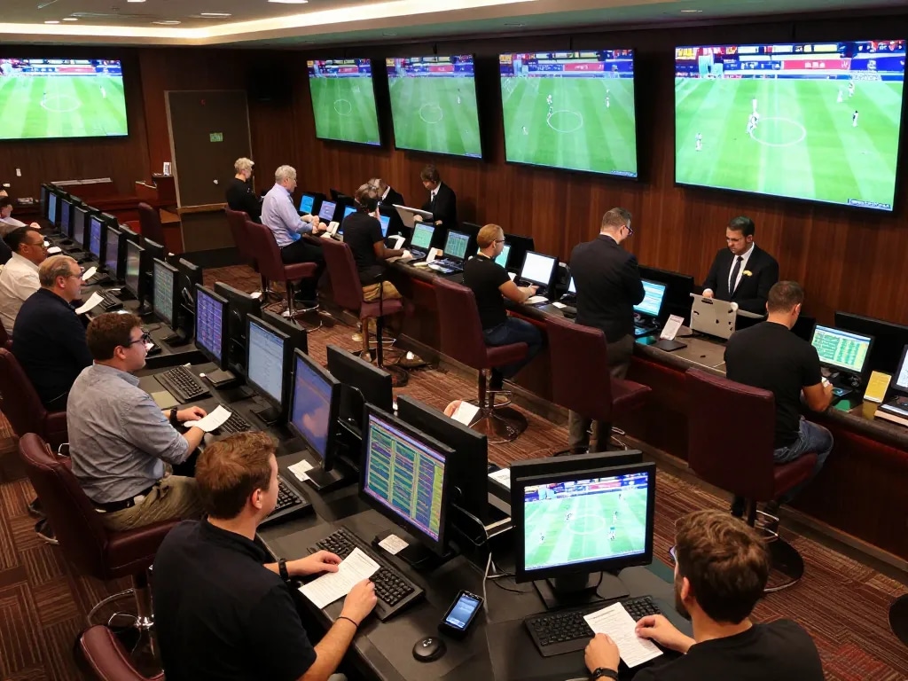 Exciting sports betting atmosphere showcasing tỷ lệ bóng đá kèo nhà cái with fans placing bets.