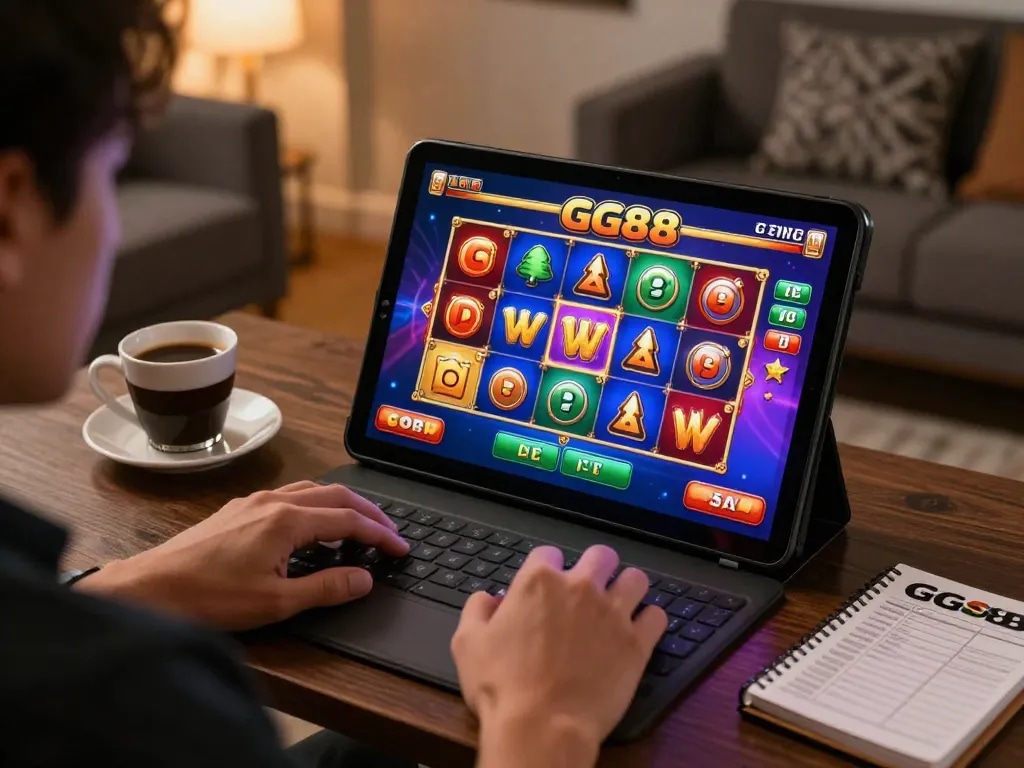Player engaging with GG88 online slots on a tablet in a modern home setting while enjoying a cozy beverage