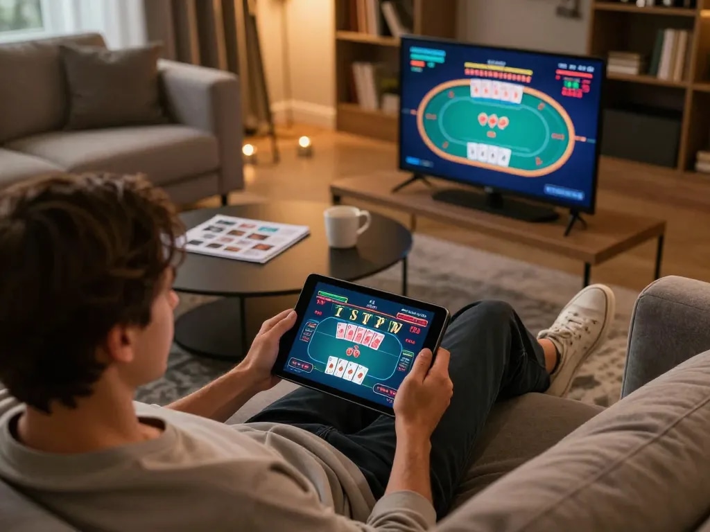 Engaging in online casino gameplay at home, showcasing SC88 on a tablet in a cozy environment
