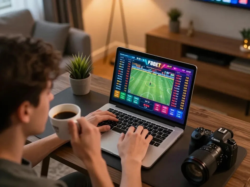 Active player using Nhà cái F8bet for strategic sports betting in a home office.
