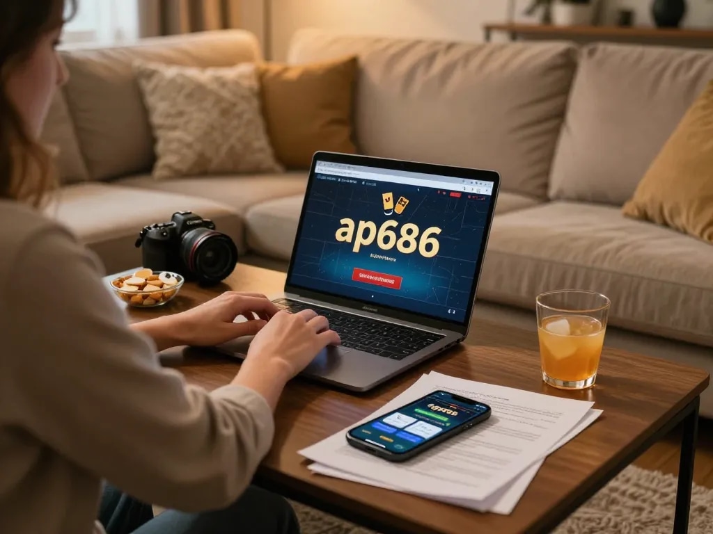 Orang yang menikmati pengalaman poker online di laptop yang menampilkan lingkungan permainan ap686 dengan catatan strategis.
