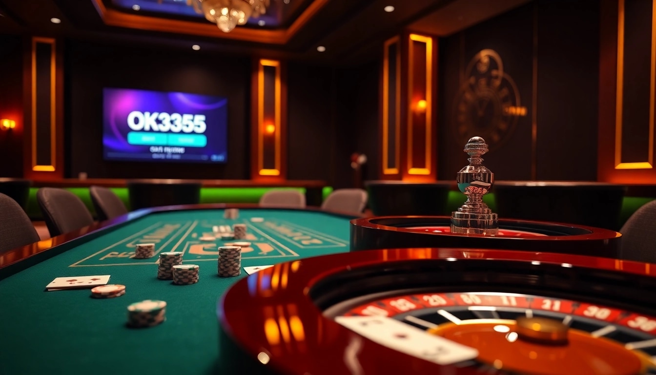 Experience the excitement of ok365 đăng nhập at a luxurious casino table filled with poker chips and cards.