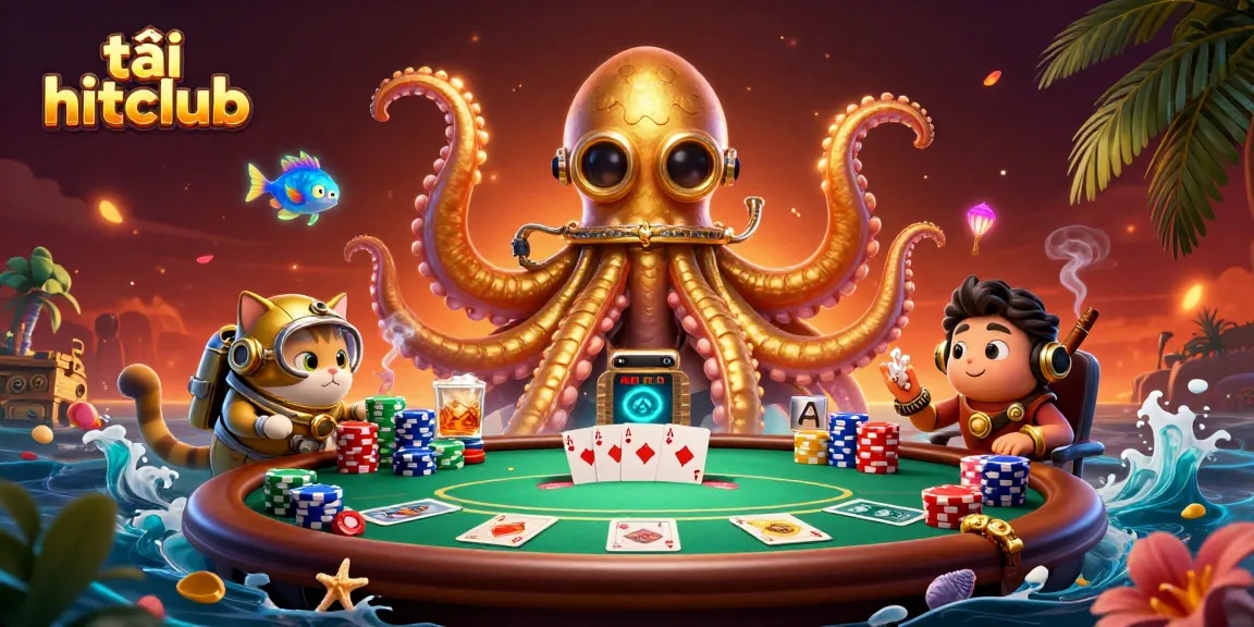 Join the adventure as you tải hitclub with the kraken and diving cat in a vibrant casino scene.