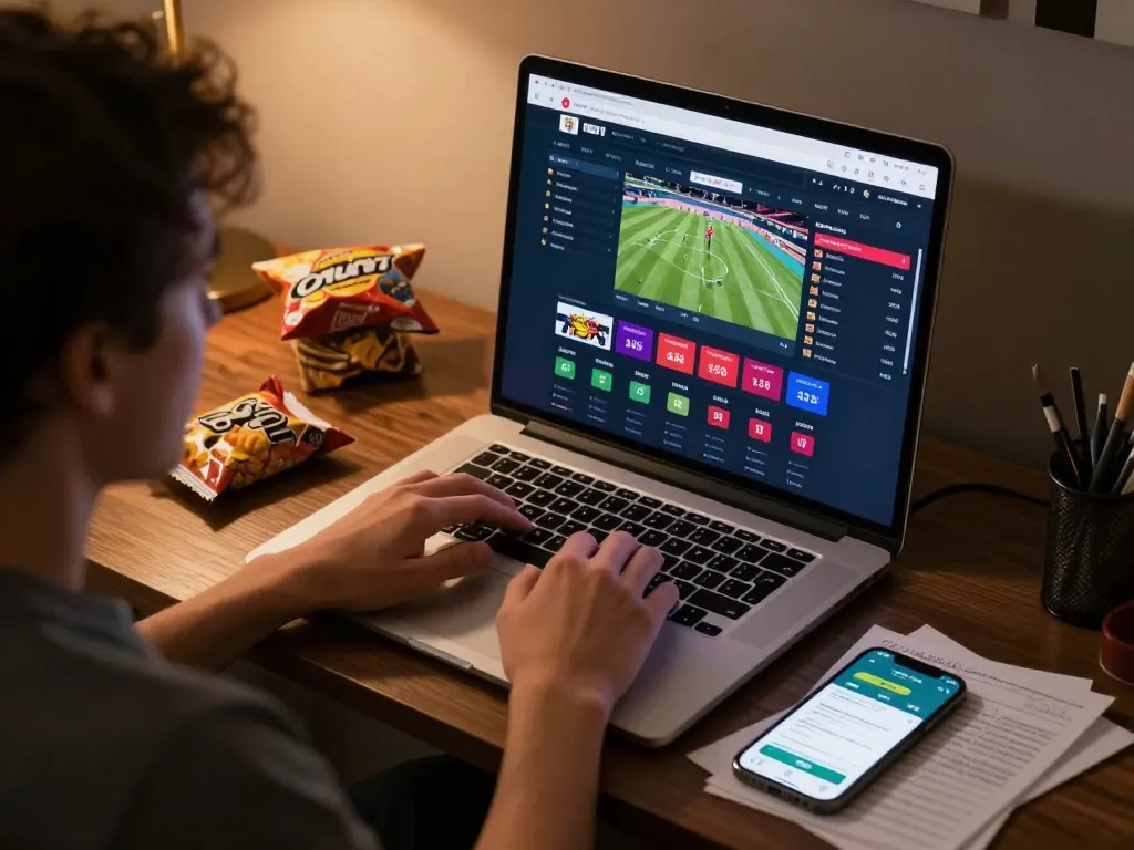 Person reviewing keonhacai for sports betting odds using a laptop in a stylish home office