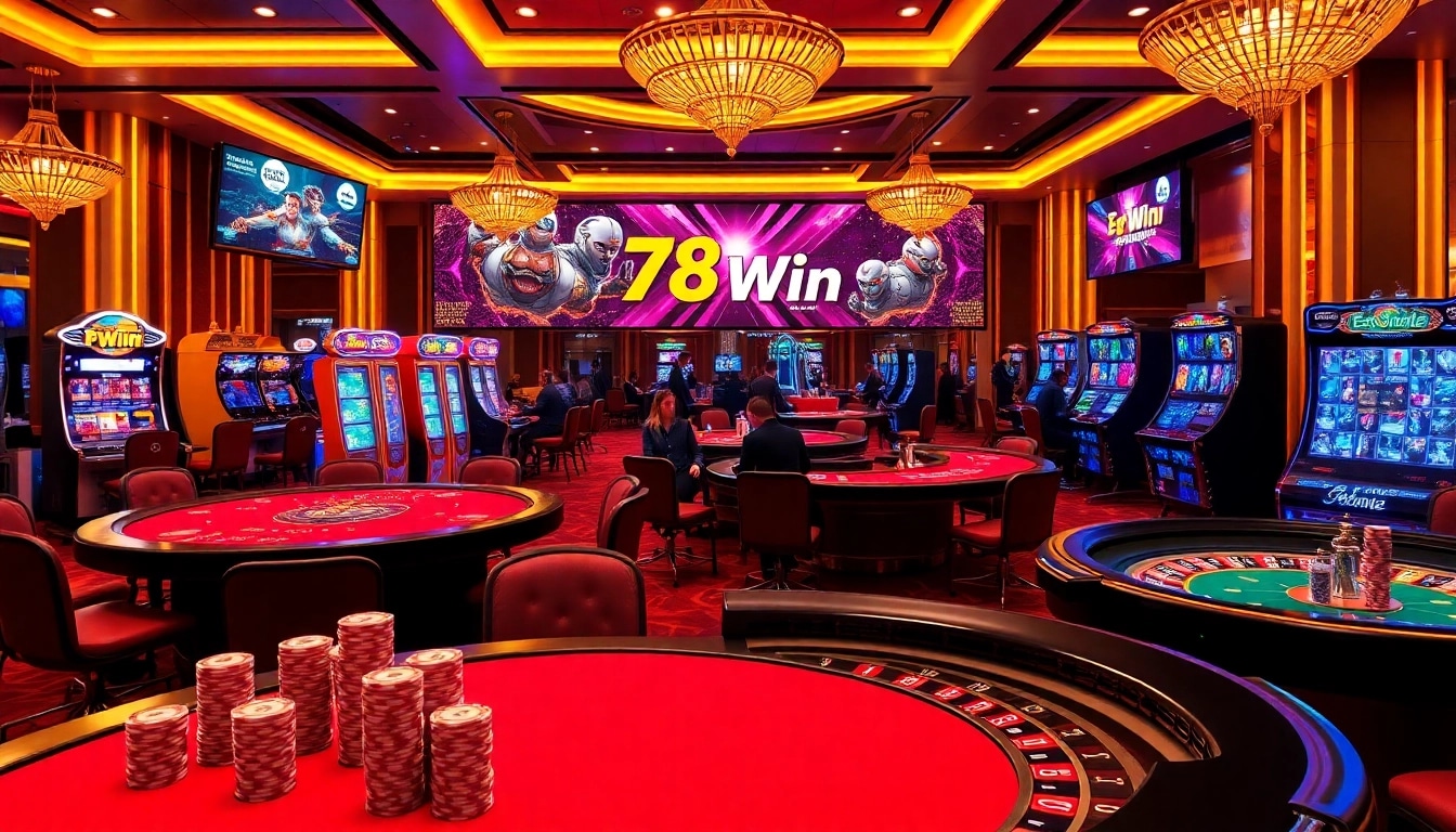Experience thrilling games at 78Win's online casino, showcasing vibrant poker tables and spinning roulette wheels.
