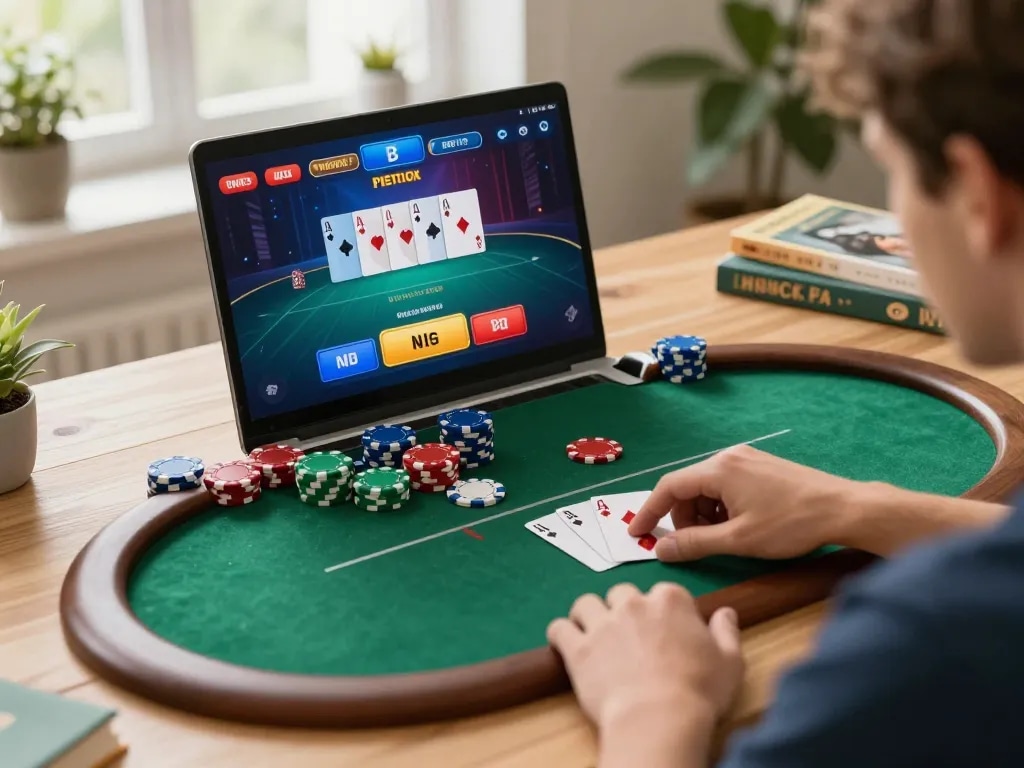 Player enjoying hbet online poker, focused on strategy while surrounded by a cozy home setup.