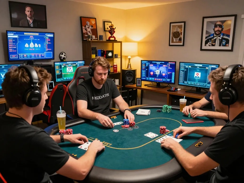 Player strategizing poker at home, showcasing RED88 online gaming experience and immersive atmosphere.