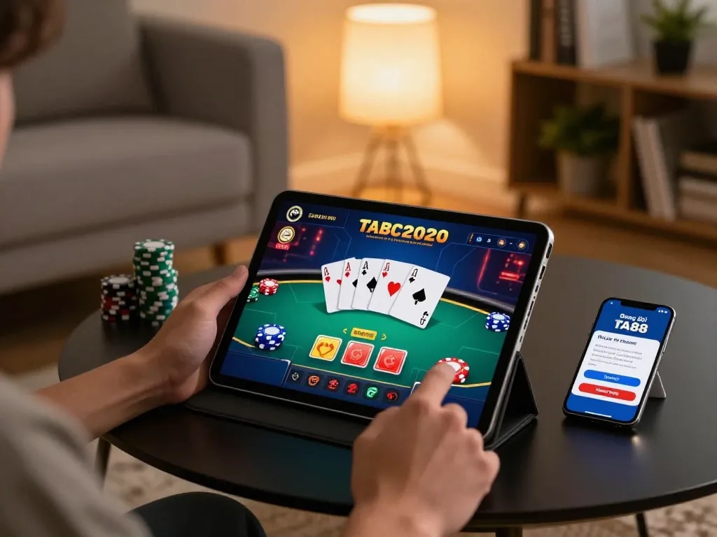 Engaging in Đăng ký TA88 through a tablet for online poker, set in a cozy home environment with strategic gaming elements.