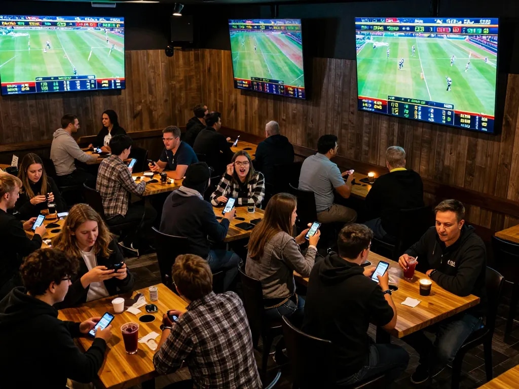 Engaging patrons in a sports bar actively placing bets as they analyze soi keo odds on large screens