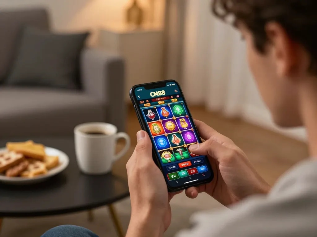 Engaging gameplay on the CM88 app showcasing exciting casino options in a cozy home environment