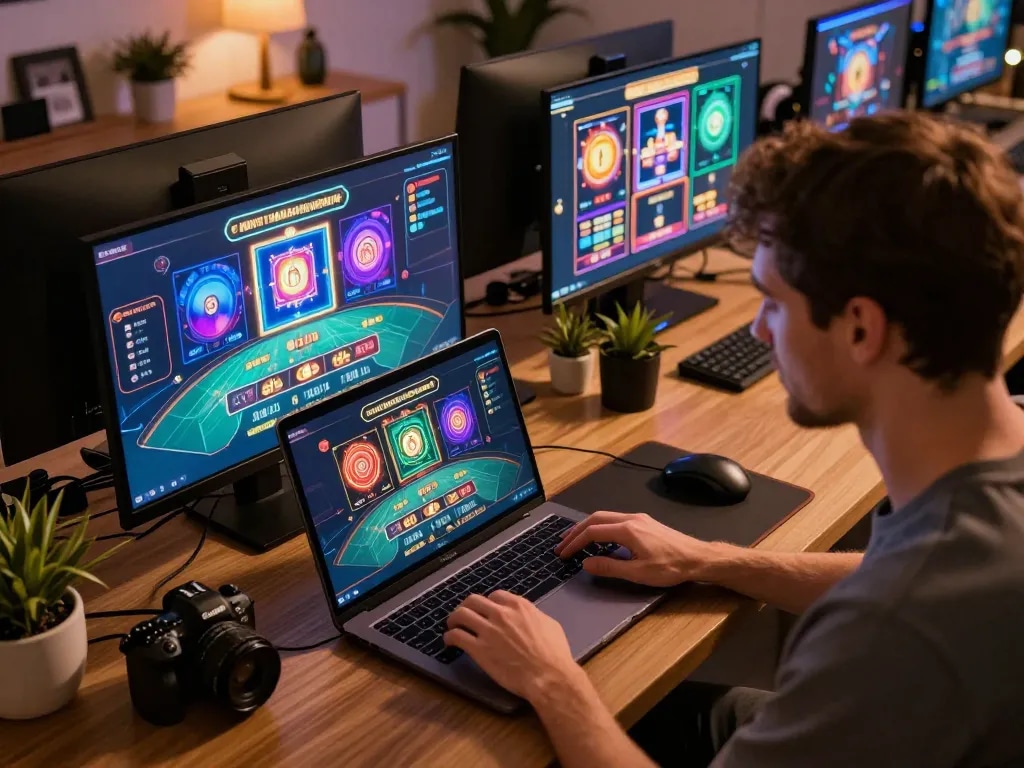 Sunwin player engaging with online casino games on laptop in a cozy home office setup