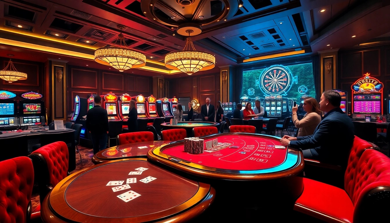 The vibrant casino atmosphere at good88 with poker tables, slot machines, and excited gamblers.