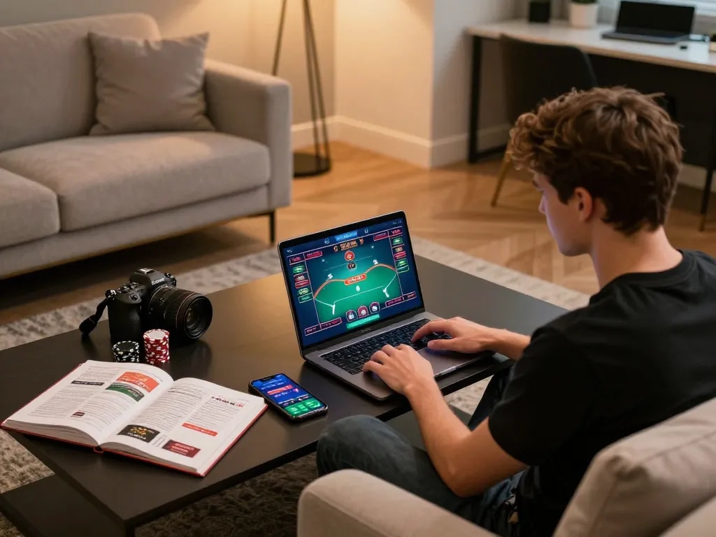 Engaging in a LODE88 poker game on a laptop in a cozy home setting, showcasing online gambling excitement and strategy