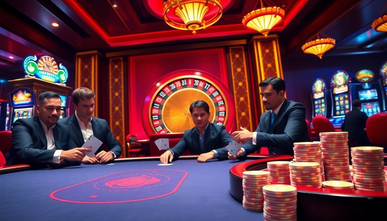 Players engage in high-stakes poker at 188V, surrounded by colorful slot machines and a vibrant casino atmosphere.
