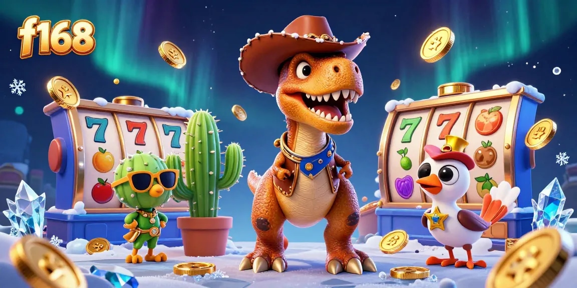Play slots at f168 with a 3D cartoon dinosaur and dynamic game elements in a vibrant scene.