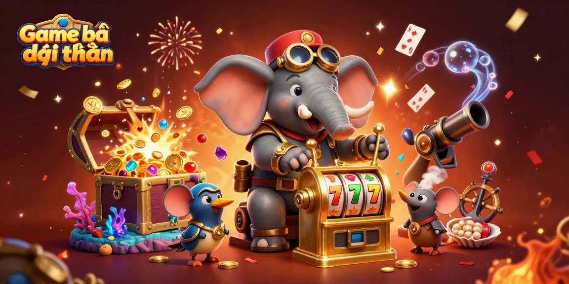 Engage in Game bài đổi thưởng with a whimsical steampunk elephant operating a golden slot machine amidst dynamic casino elements and celebration.