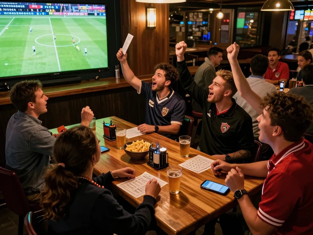 Lương Sơn TV viewers cheering while placing sports bets at a lively bar with screens.