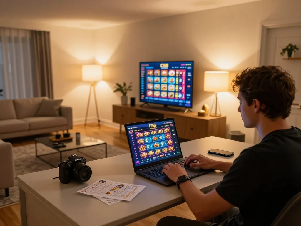 C168 online casino gaming scene with a player engaged on a laptop at home, showcasing a vibrant gambling interface