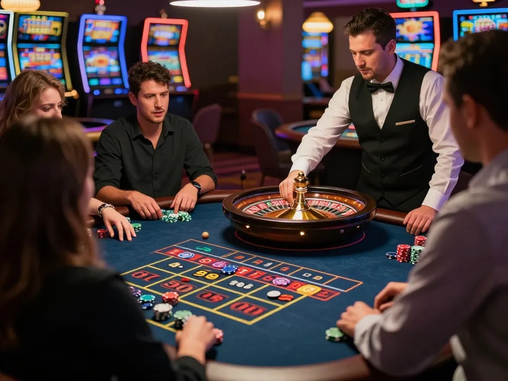 FC88 players placing bets at a vibrant roulette table with colorful chips and an engaged crowd.
