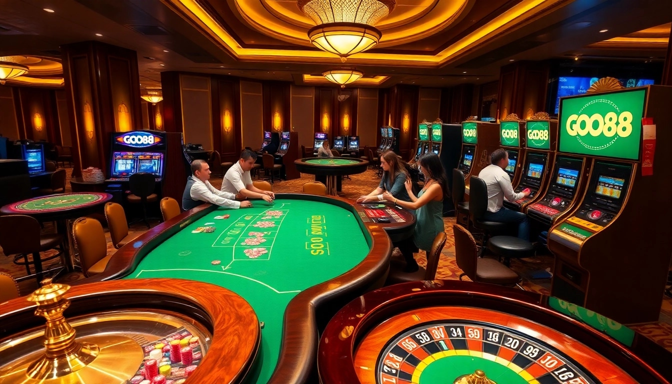 Betting at a luxurious GO88 casino with vibrant tables, chips, and slot machines.