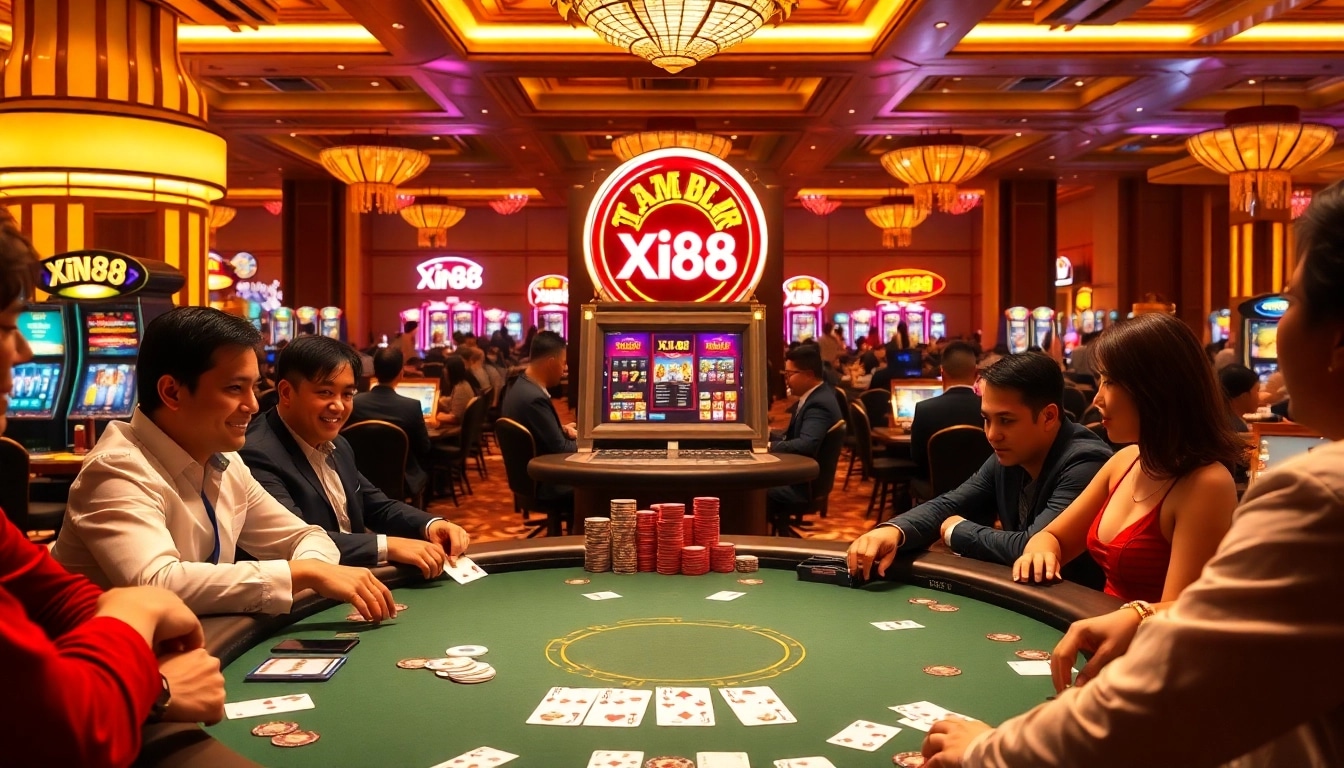 Excited players enjoying poker at Xin88's luxurious casino table, showcasing high-stakes action.
