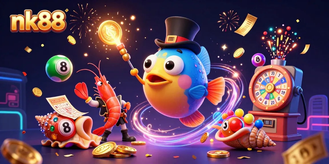 Experience thrilling gameplay with the nk88 lottery, featuring vibrant characters and exciting elements in a festive atmosphere.