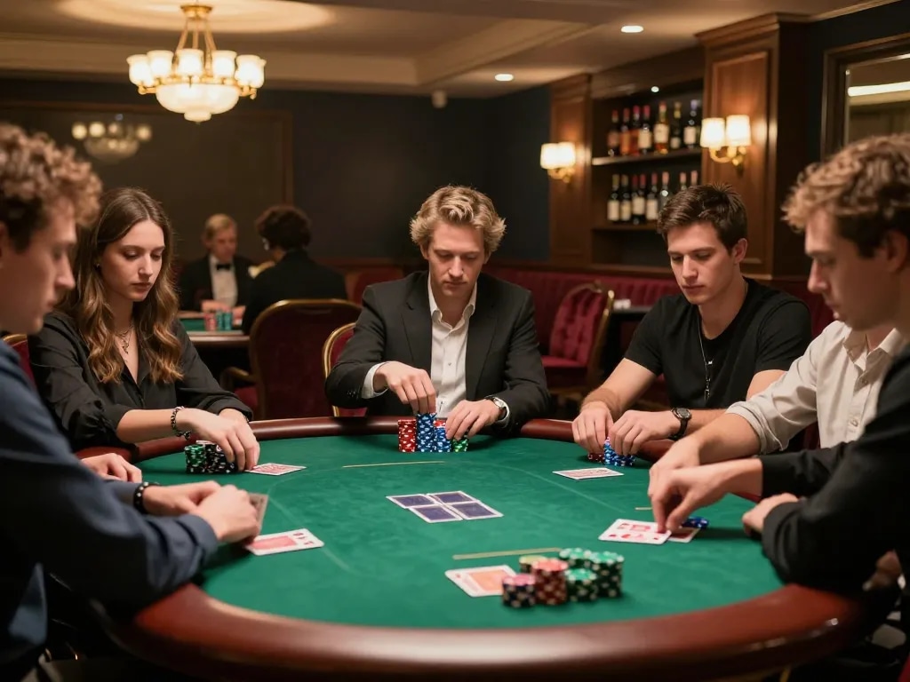 Active players strategizing with link 5699 poker chips in a luxurious casino setting.