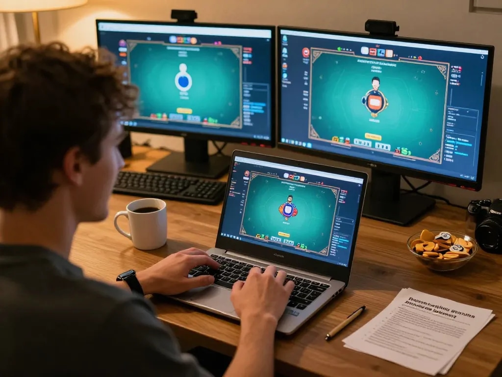 Engaged player enjoying online poker at home using the 78WIN platform, celebrating a winning hand setup.