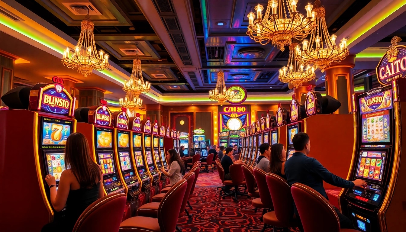 Players engaging with cm88 slot machines in a luxurious casino setting filled with vibrant colors.