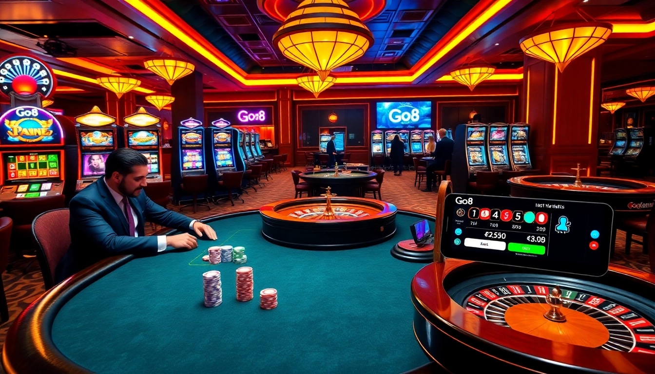 Experience thrilling poker action at Go8 casino with colorful chips and vibrant atmosphere.