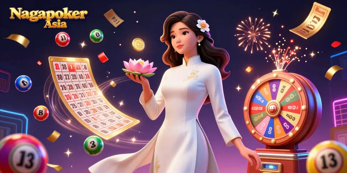 Nagapoker Asia features a graceful Asian woman in ao dai amidst vibrant lottery elements and festive effects.